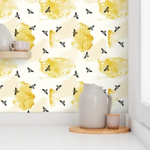 Vista 8 de Spoonflower Papel tapiz autoadhesivo de 3 x 2 pies – Abeja verano jardín acuarela miel oro negro nido de abeja insectos colmena abeja abejas papel