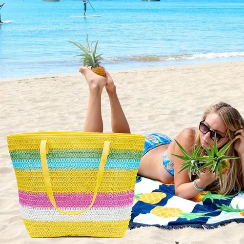 Vista 10 de Bolso grande de paja para mujer, tejido de ratán, bolso de playa de verano, a rayas