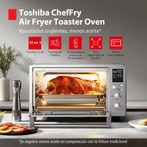 Vista 2 de TOSHIBA ChefFry - Combo de horno tostador y freidora de aire con tostadas, hornear, asar, pizza y deshidratación, capacidad de 26.4 cuartos