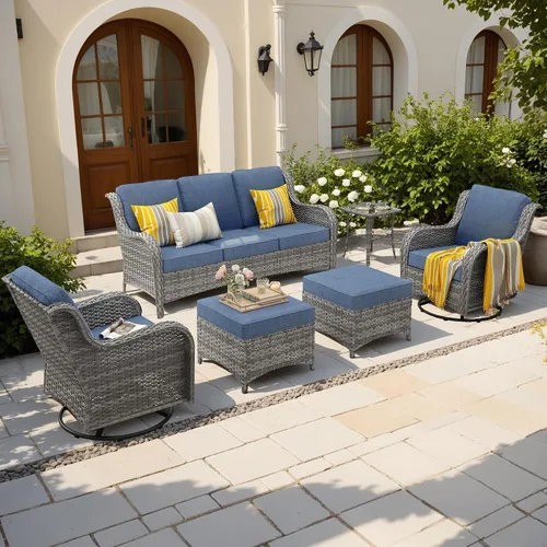 Vista 40 de Juego de muebles de exterior para patio, silla y sofá (ratán marrón, beige, 3 piezas)