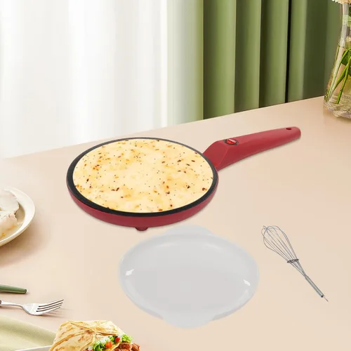 Vista 7 de Crepera Electrica - Máquina eléctrica para crepes de 8 pulgadas, sartén antiadherente portátil roja con asa y bandeja extraíble, Crepera Electrica