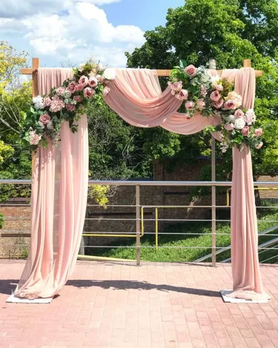 Vista 15 de Cortinas de boda con rosas polvorientas, 2 paneles de 6 yardas, cortinas de fondo transparentes para despedida de soltera, arcos de boda