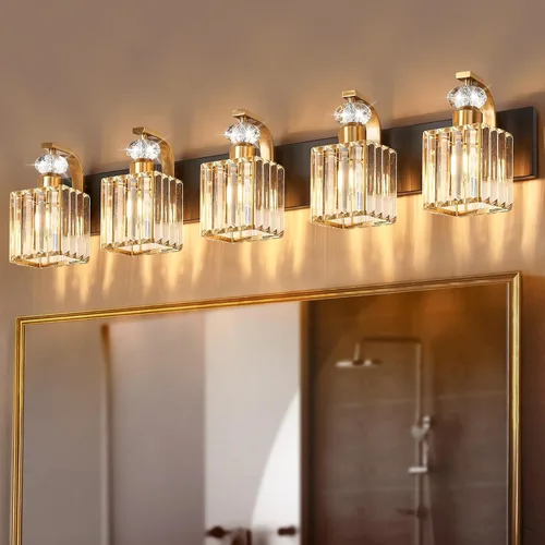 Vista 17 de Lámpara Moderna de Tocador de Baño, Luminarias de Baño de 4 Luces Negro Dorado Sobre Espejo, Aplique de Pared de Cristal de 28.4