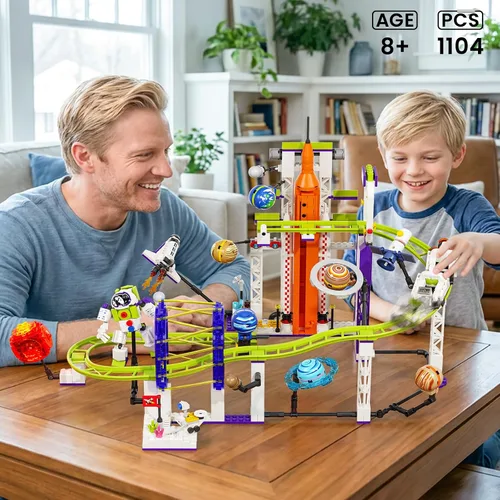 Vista 4 de Juego de construcción de montaña rusa espacial con sistema solar iluminado, regalos para niños