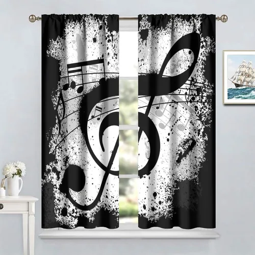 Vista 4 de Cortinas de ventana de música, notas musicales blancas y negras, tratamiento de ventana de patrón abstracto para dormitorio, sala de estar, Music-6
