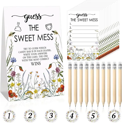 Vista 8 de Juego de 67 piezas de pañales sucios de Guess The Sweet Mess para baby shower, incluye letrero de Adivina el dulce lío, 50 tarjetas pequeñas, 10