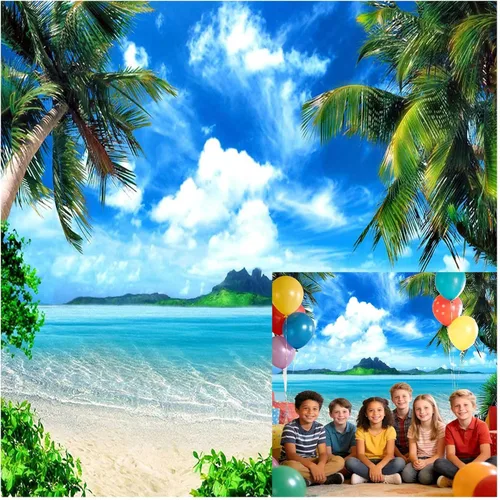 Vista 8 de Fondo de Fotografía Tropical Hawaiano Playa Palmera Cielo Azul y Nubes Blancas Decoración de Fiesta de Boda Telón de Fondo de Fotografía 5x3 pies