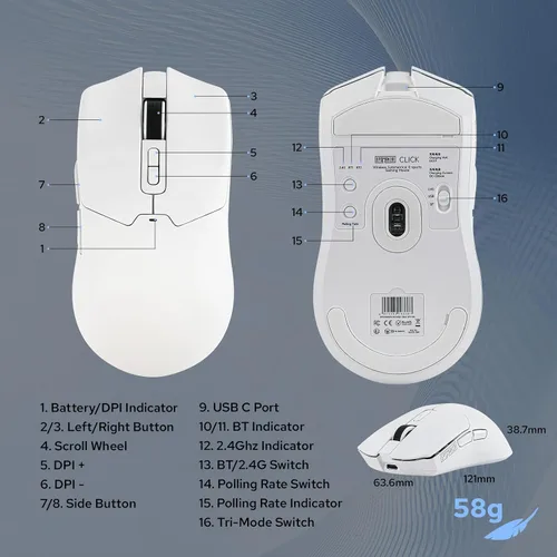 Vista 8 de EPOMAKER Click Gaming Mouse inalámbrico 2.4Ghz/BT/Type-C, 800 a 42,000 DPI ajustable, tasa de sondeo de 8 K, 500 mAh, mouse óptico ligero