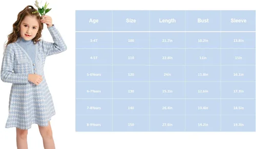 Vista 3 de SMILING PINKER Vestidos para niñas, suéter de punto de pata de gallo, vestido de invierno acampanado con cuello alto falso