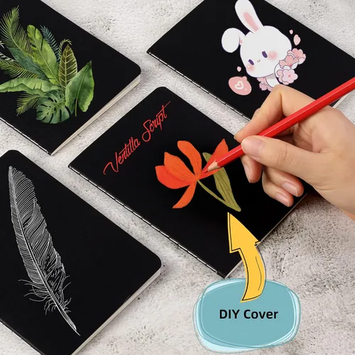 Vista 2 de Paquete de 100 cuadernos pequeños en blanco y diario a granel, cubierta negra, papel grueso sin forro, 4.25 x 5.5 pulgadas, 48 páginas, cuaderno