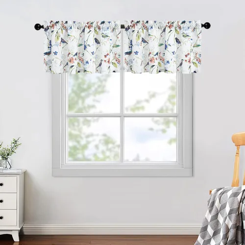Vista 9 de VOGOL Cenefas de cortina de estilo rústico para ventanas, cenefa decorativa con estampado de hojas de pájaro azul, para cocina, baño, loft