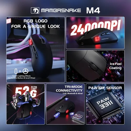 Vista 2 de ATTACK SHARK × MAMBASNAKE M4 Mouse inalámbrico para juegos, 24000 DPI ajustable PAW3311 Sensor óptico, botones programados, 1.83 oz Ratones Negro