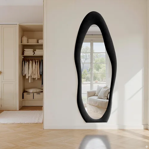 Vista 6 de Anpark Espejo de Cuerpo Completo 63"x24" Espejo de Piso de Cuerpo Completo Irregular Montado en Pared con Soporte Marco Envuelto en Franela Negra