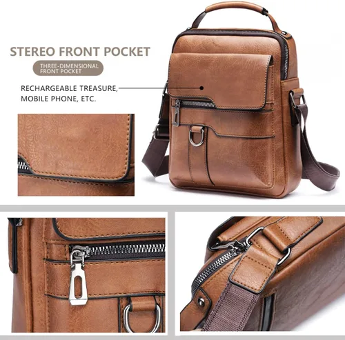 Vista 3 de Bolso cruzado de cuero para hombre, pequeño, bolso de hombro para iPad de 9.7 pulgadas, viajes, ciclismo, senderismo, oficina, negocios, D-Marrón