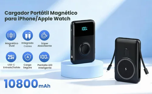 Vista 10 de Cargador portátil magnético para el iPhone, 10800mAh Power Bank Cables Negro