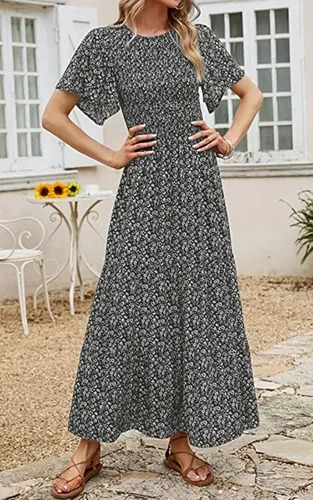 Vista 6 de PRETTYGARDEN - Vestido largo casual de verano para mujer, manga corta acampanada, bohemio, floral, cuello redondo, vestido blusón, escalonado