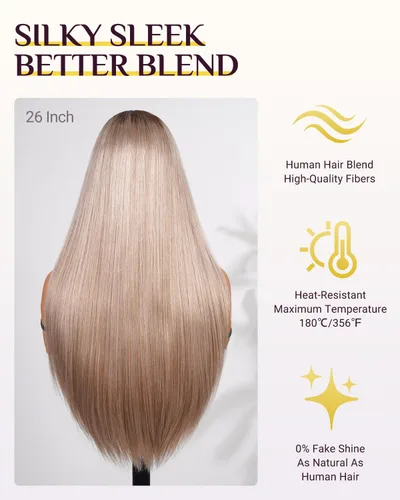 Vista 4 de TESLAL - Peluca de mezcla de cabello humano lacio rubio ceniza de encaje de 6 x 6 pulgadas, sin pegamento, 20 pulgadas Premium Fiber Blend Human