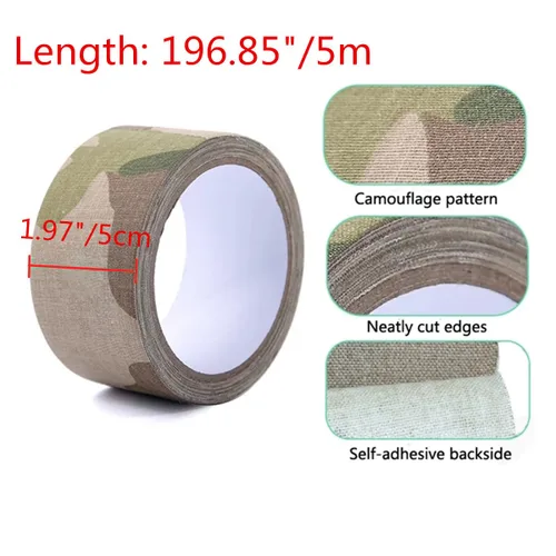 Vista 2 de Cinta adhesiva protectora de camuflaje de 5 cm x 5 m, cinta de camuflaje impermeable y elástica, cinta de envoltura para acampar al aire libre