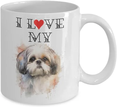 Vista 2 de Taza de café con texto en inglés "I Love My Shih Tzu", bonita taza para mamás y papás de perros, taza de acuarela con retrato de mascotas, regalos