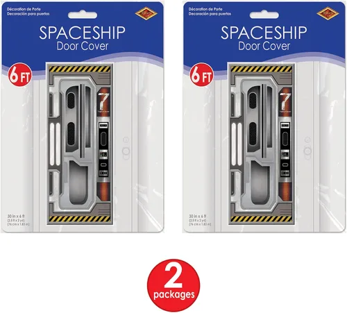 Vista 2 de Beistle Juego de 2 cubiertas de plástico para puerta de nave espacial, decoraciones para el espacio exterior, galaxia temática alienígena