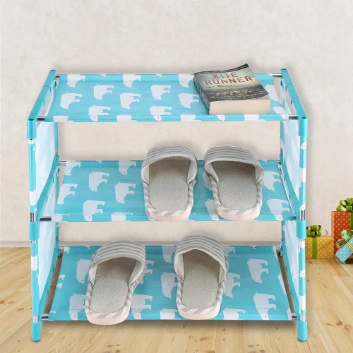 Vista 2 de Estantes apilables de 3 niveles, zapatero pequeño para niños, fácil de montar, organizador de zapatos para entrada, pasillo y armario (azul)