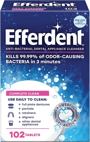 Vista 2 de Efferdent Limpiador diario antibacteriano para aparatos dentales, limpieza completa, 102 comprimidos, paquete de 3