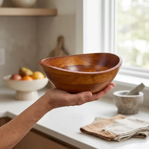 Vista 2 de Lipper International - Cuenco con borde ondulado de madera de caucho con acabado de cereza para frutas, ensaladas o palomitas de maíz, pequeño, 7.5
