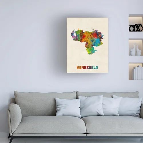 Vista 3 de Mapa de acuarela de Venezuela por Michael Tompsett, arte de pared en lienzo de 14 x 19 pulgadas