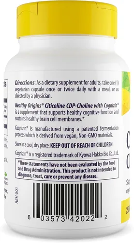 Vista 3 de Healthy Origins Cognizin (Citicoline), 250 mg - Suplemento cerebral para la memoria con citicolina CDP - Suplemento sin OMG, vegano y sin gluten
