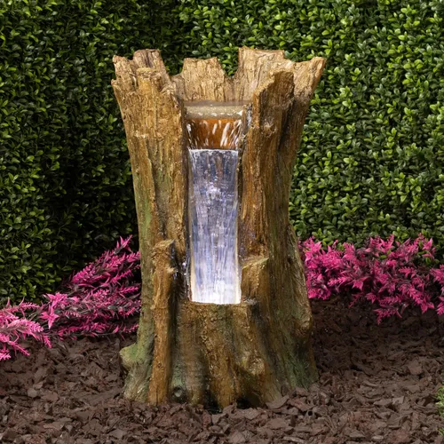 Vista 2 de Alpine Corporation TZL294 Fuente de piso para tronco de árbol al aire libre con luces LED blancas frías, decoración de jardín escalonada, 22