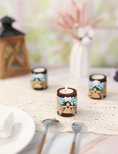 Vista 6 de Ju's Favors Juego de 10 portavelas de madera para recuerdos de bautismo para invitados, recuerdos de fiesta de baby shower (marrón oscuro - azul)