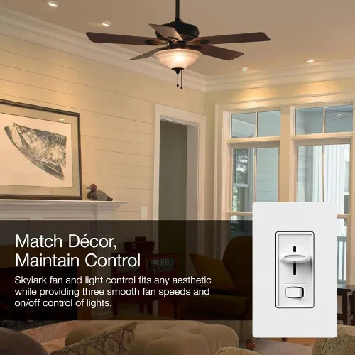 Vista 3 de Lutron Electronics, SFSQ-LFH-WH, control de velocidad de ventilador de techo, con interruptor de prendido y apagado de luz, color blanco