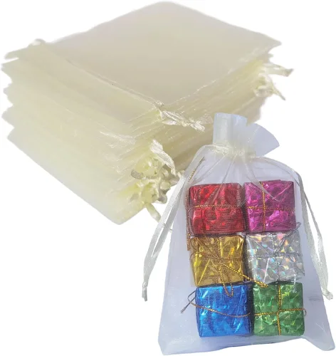 Vista 34 de Bolsas de regalo de organza de 4 x 6 pulgadas con cordón para joyas, dulces, paquetes de 50 bolsas de té de tela transparente azul aguamarina