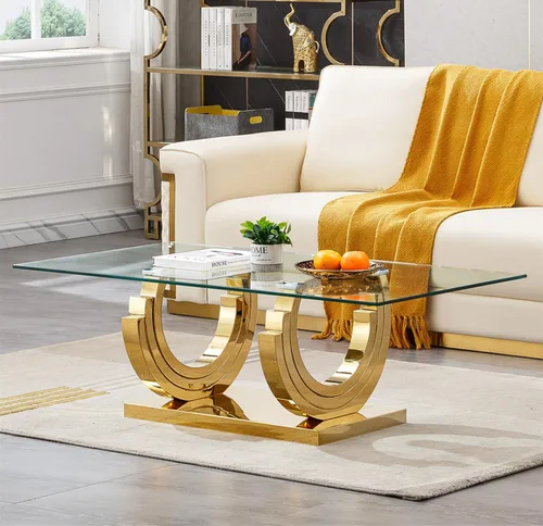 Vista 25 de Mesa auxiliar de cristal dorado de lujo, moderna mesa de centro cuadrada para sofá con base de acero inoxidable con espejo brillante, mesa de noche
