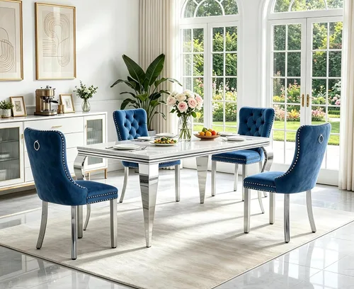 Vista 18 de Juego de 5 mesas de comedor de mármol sintético para 4 mesas de cocina de lujo de 68 pulgadas de oro blanco con 4 sillas tapizadas de terciopelo
