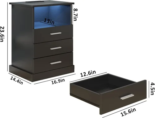 Vista 3 de Juego de 2 mesitas de noche negras con estación de carga, luces LED, mesa auxiliar con 3 cajones, mesa auxiliar moderna con tiras USB