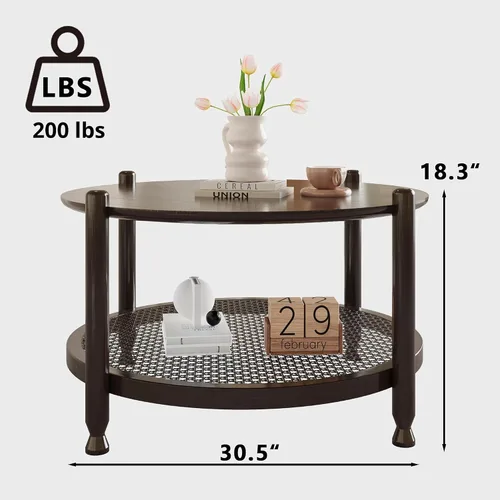 Vista 2 de NSdirect Mesa auxiliar redonda de 32 pulgadas para sala de estar, mesa central de madera maciza de 2 niveles para decoración del hogar con estante