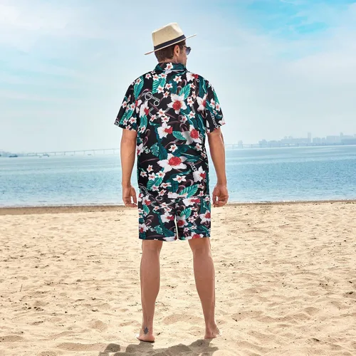 Vista 4 de Camisa hawaiana de 2 piezas para hombre, camisa de manga corta con botones