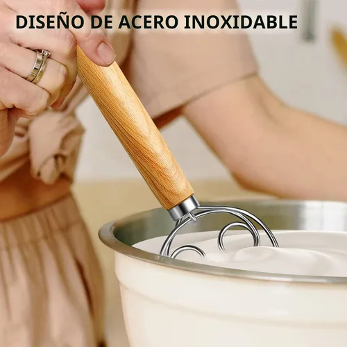 Vista 5 de TEEVEA Batidor de masa danesa Mango de madera de acero inoxidable para hornear pan de pizza de masa madre