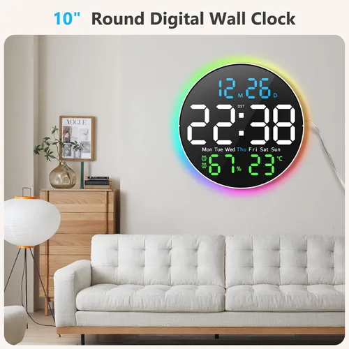Vista 6 de Reloj de pared digital, pantalla LED grande de 10 pulgadas, reloj digital con luz RGB, control remoto, atenuador de brillo automático con luces