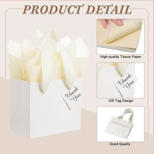 Vista 3 de Qilery 50 bolsas de regalo de papel de boda a granel con papel de seda, pequeñas bolsas de regalo con asa y etiquetas para cumpleaños, bodas
