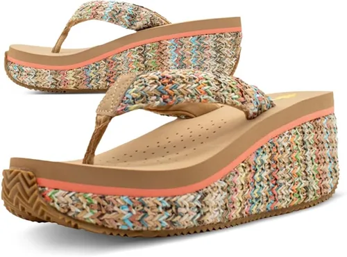 Vista 12 de Volatile Sandalias de cuña para mujer con plataforma de tanga sin cordones con plantilla de EVA y suela de goma Negro Raffia