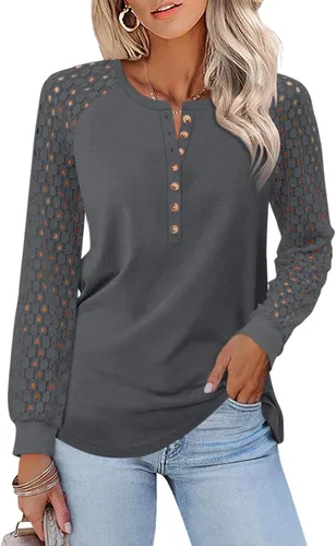 Vista 23 de Minetom Camisetas de manga larga con encaje para mujer, blusas casuales
