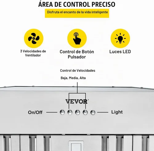 Vista 5 de VEVOR Campana de Ventilación Integrada, 800CFM 3-Velocidades, Campana de Cocina de Acero Inoxidable de 36 Pulgadas con Control de Botón de Impulso