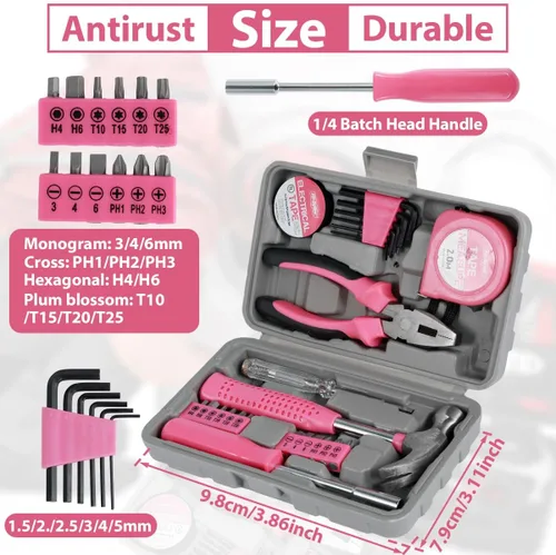 Vista 2 de Kit de herramientas de bricolaje para el hogar de 24 piezas, color rosa, para mujeres, juego de mini caja de herramientas compacta con herramientas