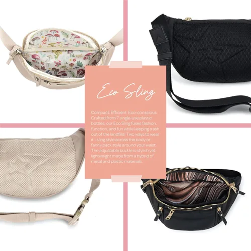 Vista 5 de JuJuBe Bolso bandolera ecológico, riñonera negra de moda para mamás, adorable riñonera o cangurera cruzada, incluye 5 bolsillos y ranuras