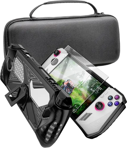 Vista 3 de ENCASED Juego de accesorios para Asus ROG Ally - Funda de mano con bolsa de transporte rígida y protector de pantalla de vidrio templado (negro)