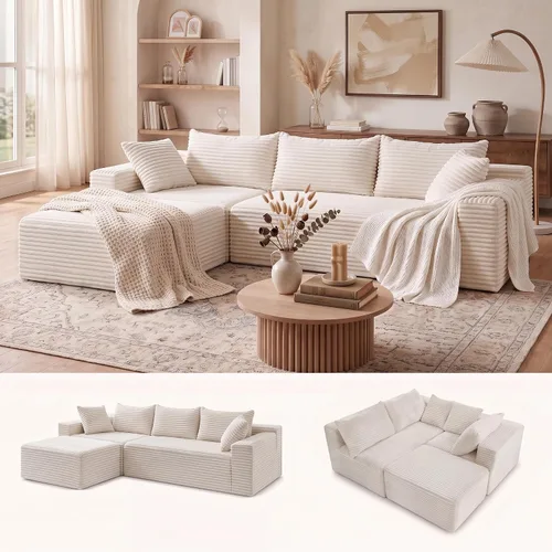 Vista 17 de Claiks Sofá modular de pana de 104 pulgadas sin hueso, asiento profundo de sofá modular de pana, no requiere montaje, color negro