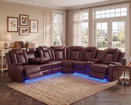Vista 9 de Sofá seccional de cuero transpirable con sillón reclinable de doble potencia, sofá reclinable en forma de L de 6 plazas para sala de estar, sofá