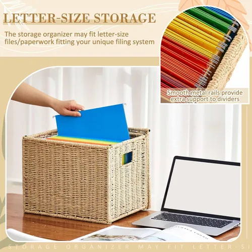 Vista 3 de Jingmore Paquete de 1 organizador de archivos de cuerda de papel, archivador plegable tamaño carta con tapa, cesta de archivos colgante tejida, caja